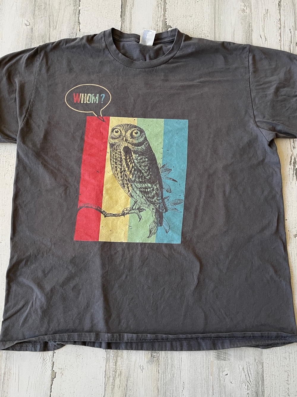 Port and Company Gray Tee with Multicolor Owl Graphic saying “Whom” XL